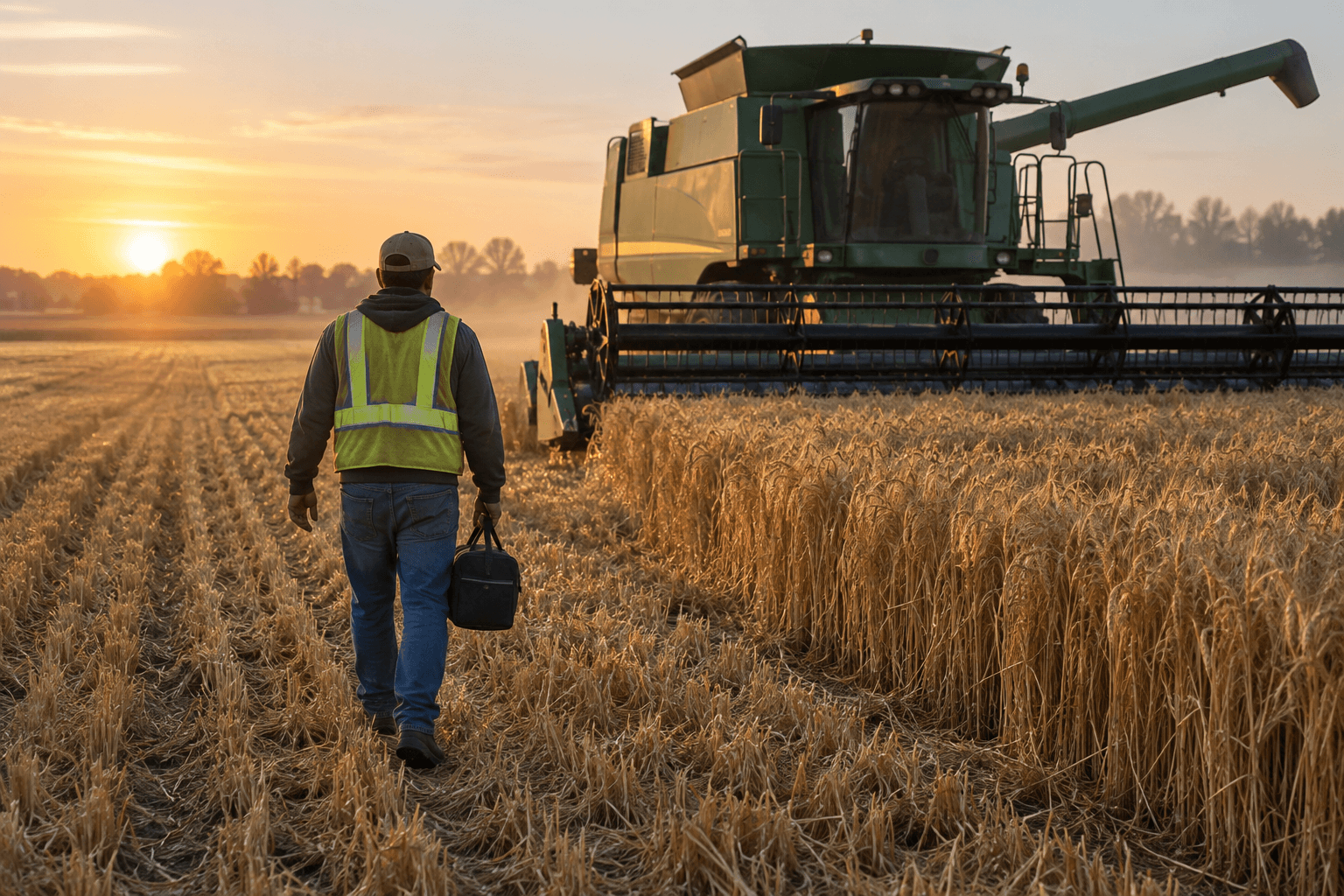 Trabalhador agrícola caminhando em direção a uma colheitadeira em uma fazenda nos Estados Unidos