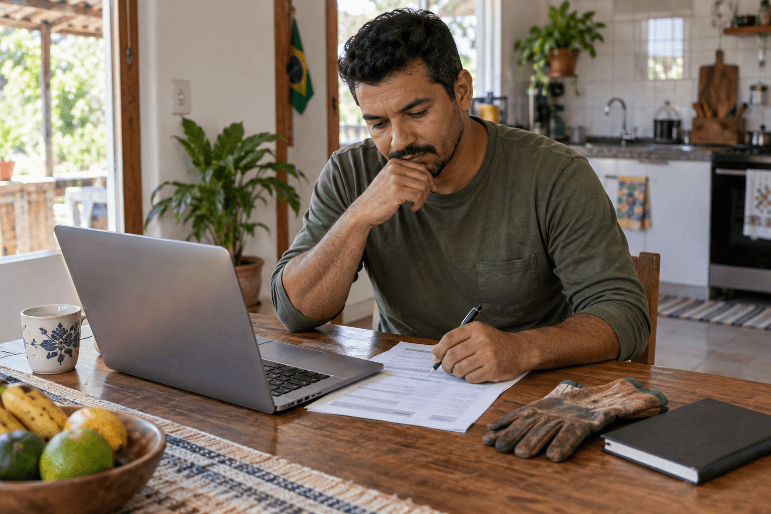 Trabalhador agrícola brasileiro preparando currículo em inglês em uma mesa