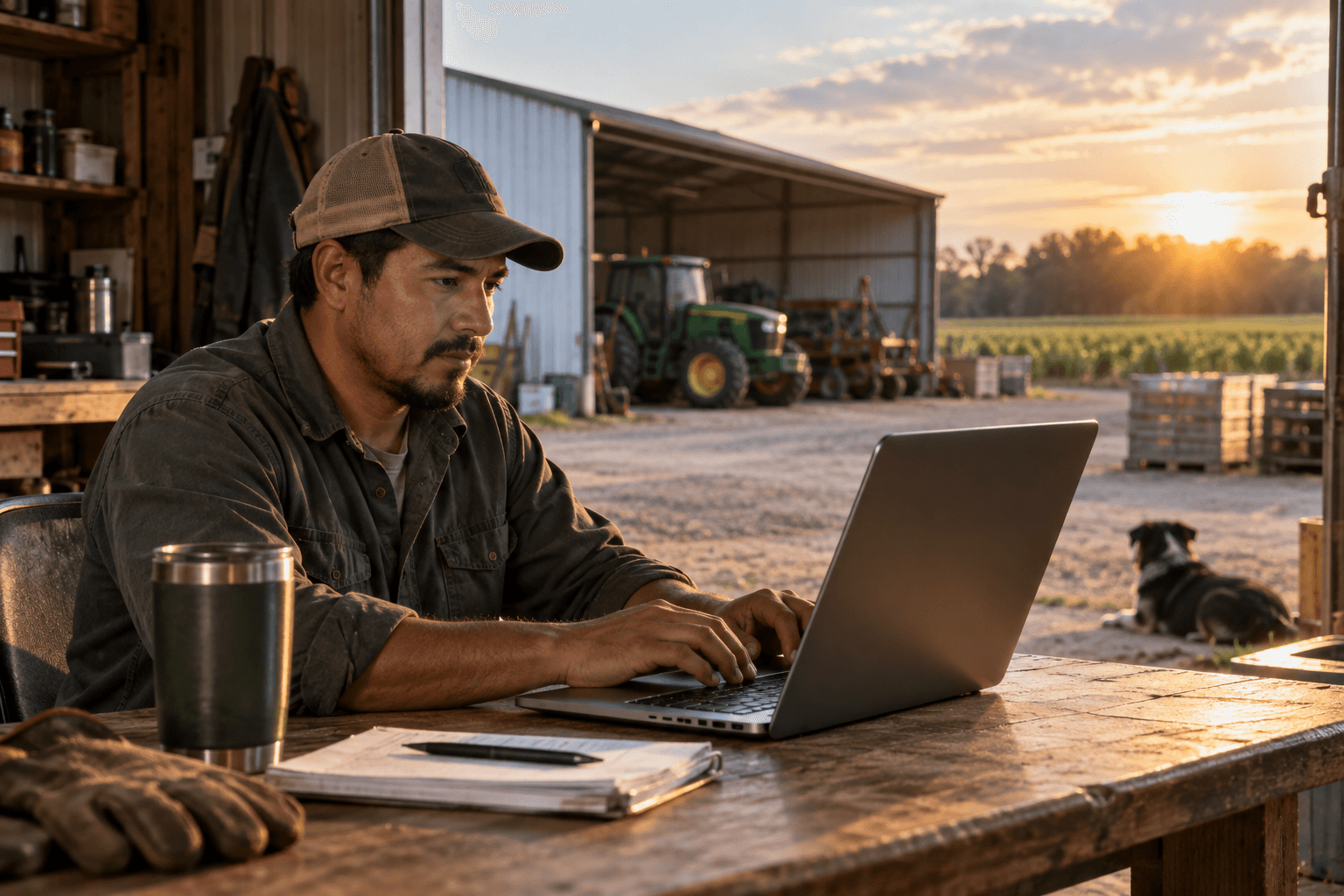 Trabalhador enviando e-mail profissional em um galpão agrícola nos Estados Unidos