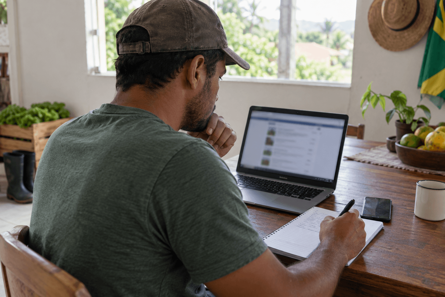 Pessoa brasileira comparando informações de vagas agrícolas oficiais em um computador